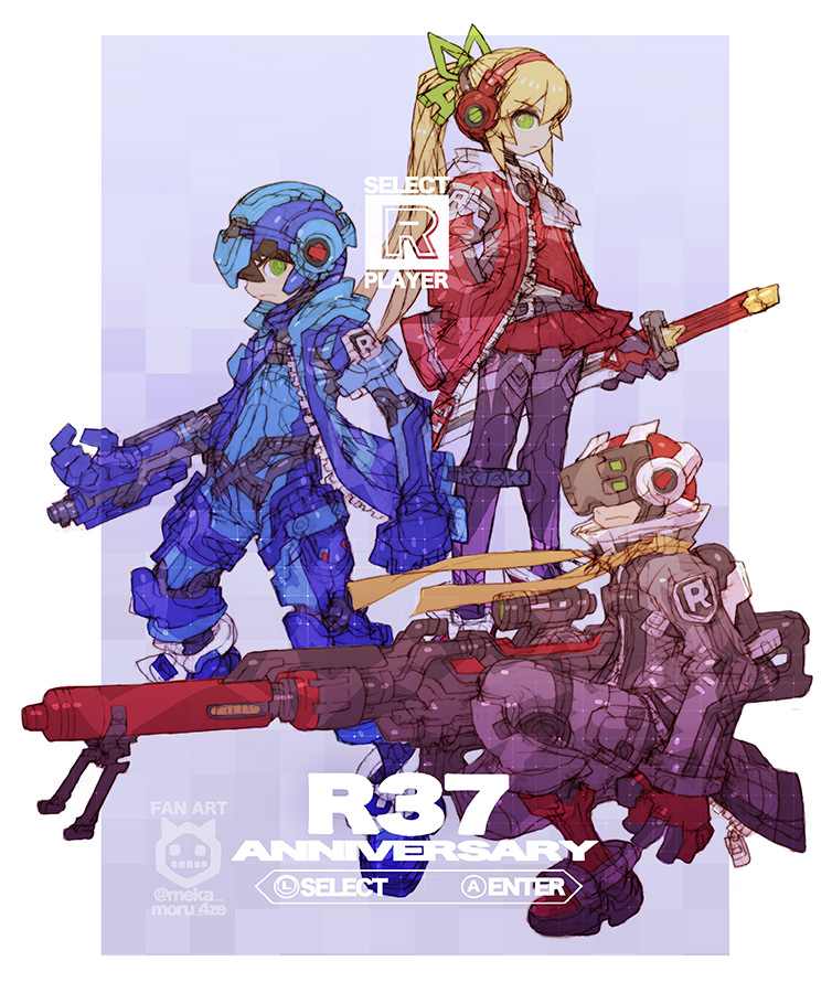 1girl 2boys anniversary arm_cannon bass_(mega_man) black_coat blonde_hair blue_helmet blue_jacket brown_hair coat english_text full_body green_eyes gun helmet holding holding_sword holding_weapon hood hooded_jacket jacket long_hair mega_man_(character) mega_man_(classic) mega_man_(series) multiple_boys nakayama_tooru open_clothes open_jacket ponytail red_jacket red_shirt red_skirt rifle roll_(mega_man) shirt skirt sniper_rifle sword weapon