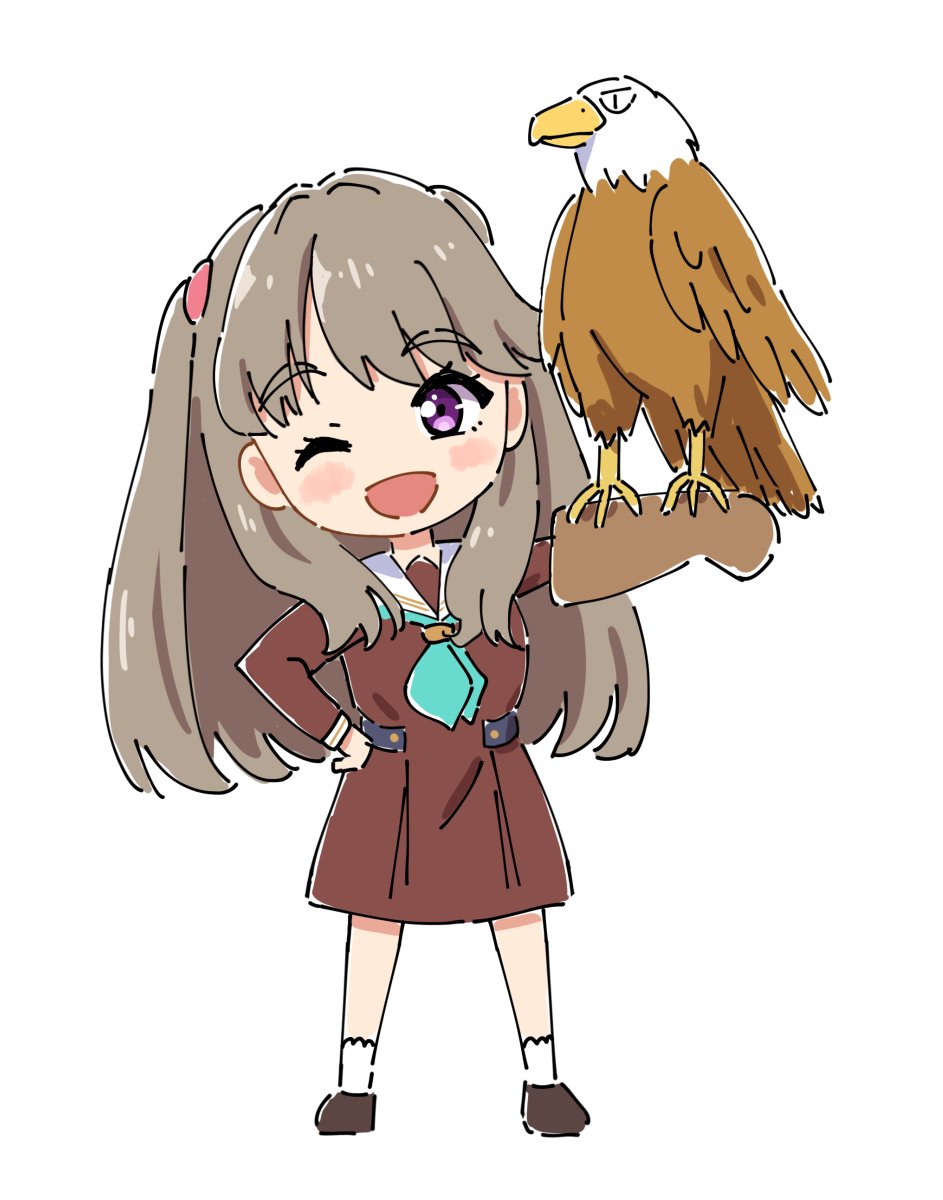 1girl ;d animal_on_arm aqua_neckerchief bald_eagle bird bird_on_arm blush_stickers breasts brown_dress brown_hair commentary_request deformed dress eagle fujishima_megumi full_body hasu_no_sora_school_uniform highres link!_like!_love_live! long_hair long_sleeves looking_at_viewer love_live! medium_breasts medium_dress neckerchief one_eye_closed open_mouth pleated_dress purple_eyes qy73 sailor_collar sailor_dress school_uniform smile solo standing two_side_up virtual_youtuber white_sailor_collar winter_uniform