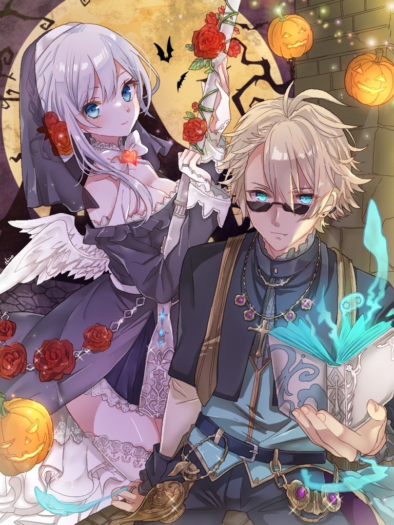 1boy 1girl ahoge aladdin_(sinoalice) alternate_costume bad_id bad_twitter_id bat_(animal) blonde_hair blue_eyes book bow bowtie branch breasts capelet cleavage closed_mouth cross cross_necklace dress earrings fang feathered_wings flower full_moon grey_eyes gun hair_flower hair_ornament halloween halloween_costume holding holding_book holding_gun holding_weapon jewelry looking_at_viewer magic medium_breasts moon necklace nun oil_lamp pumpkin red_flower red_rose rose shiro_snow shirt short_hair sinoalice smile snow_white_(sinoalice) sunglasses thighhighs veil weapon white_shirt white_thighhighs wings