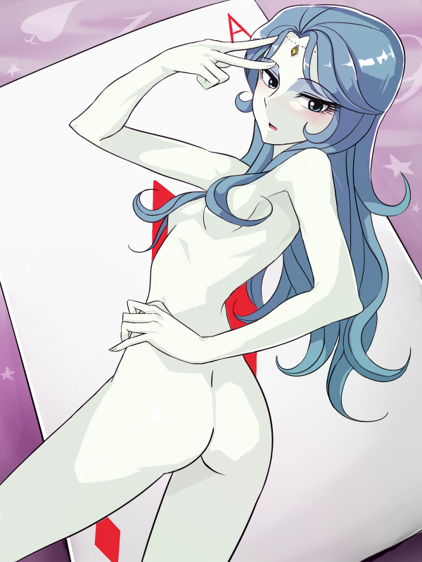 1girl ace_(playing_card) ace_of_diamonds ass bad_id bad_pixiv_id blue_hair blush breasts capelet card colored_skin cowboy_shot diamond_(shape) eyeshadow female_focus forehead_jewel from_behind fushoku hair_censor hand_on_own_hip long_hair looking_back majokko_megu-chan makeup non_gou nude pale_skin parted_lips playing_card skinny small_breasts solo twisted_torso v