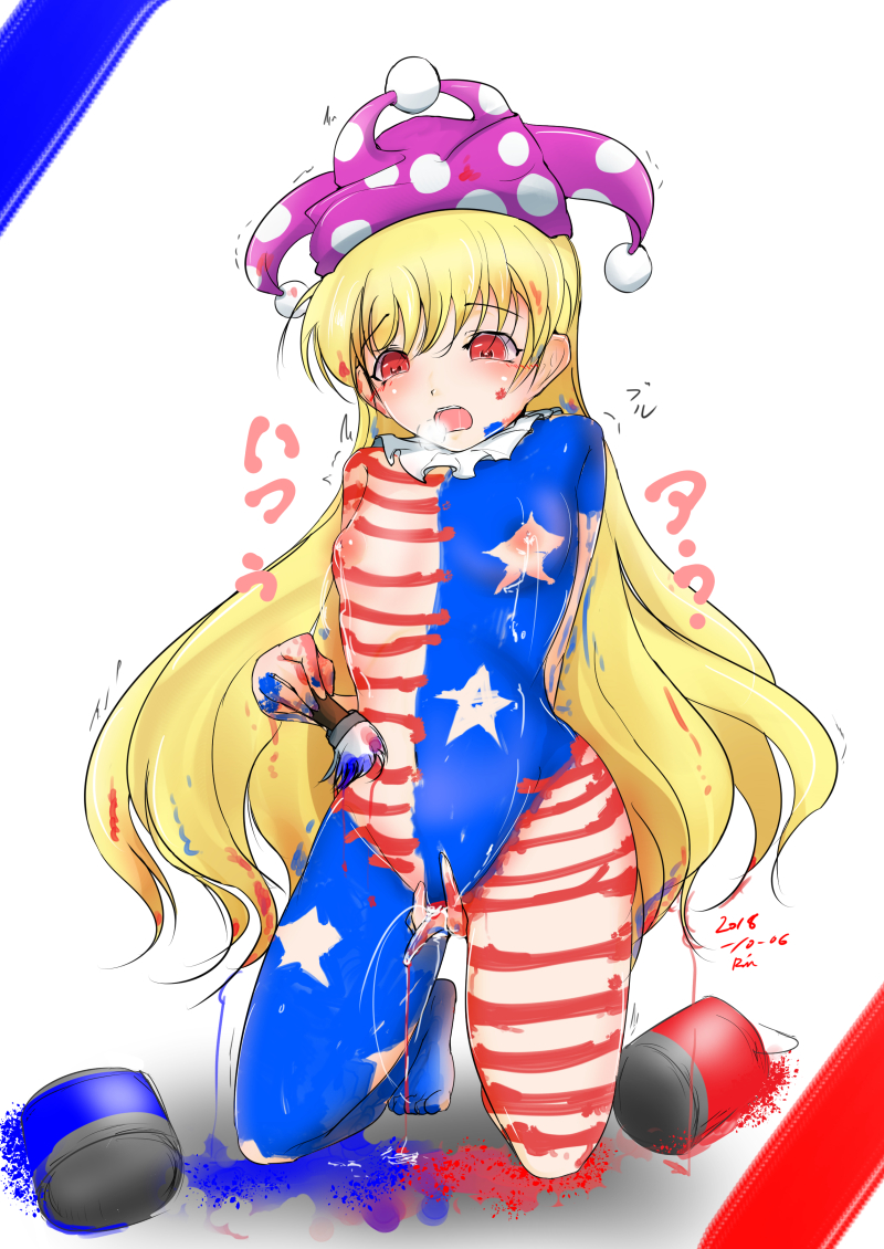 1girl american_flag blonde_hair bodypaint breasts clownpiece female_masturbation hat jester_cap lactation long_hair masturbation naked_paint nipples paint_can painted_clothes red_eyes shikihuton_(shikifuton) small_breasts solo touhou