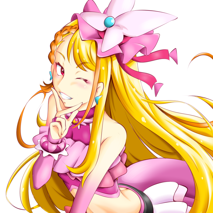 1girl belt black_belt blonde_hair braid braided_bangs bridal_gauntlets brooch butterfly_hat_ornament commentary cropped_shirt cure_butterfly earrings elbow_gloves frilled_shirt frills gloves grin hat hat_ornament hijiri_ageha hirogaru_sky!_precure jewelry kogane_(staygold) leaning_forward long_hair looking_at_viewer magical_girl midriff mob_cap multicolored_hair orange_hair pink_gloves pink_hat pink_shirt pink_skirt precure purple_eyes shirt showgirl_skirt simple_background skirt sleeveless sleeveless_shirt smile solo upper_body v v_over_mouth very_long_hair white_background wing_brooch