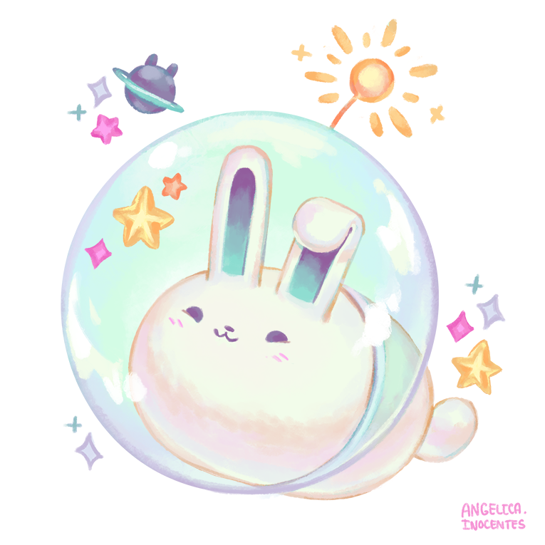 :3 animal animal_focus artsyinnocence blush closed_mouth commentary english_commentary helmet no_humans omori planet rabbit simple_background solo space_bunny_(omori) space_helmet sparkle star_(symbol) white_background white_rabbit_(animal)