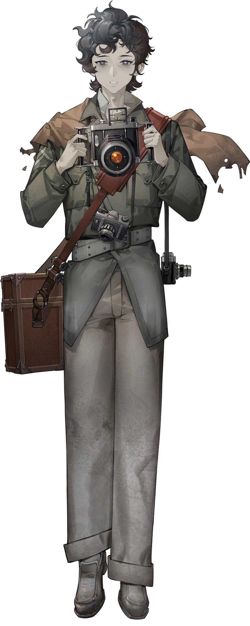 1boy belt black_eyes black_hair black_pants black_shoes bright_pupils brown_bag camera click_(reverse:1999) coat full_body ghost grey_belt grey_coat grey_jacket hands_up highres holding holding_camera jacket long_sleeves looking_at_viewer official_art pale_skin pants parted_lips reverse:1999 shoes solo standing tachi-e third-party_source transparent_background white_pupils