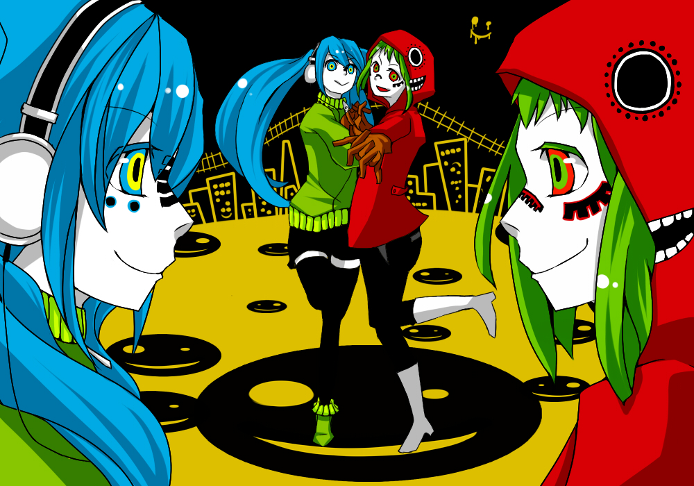 2girls black_pants blue_eyes blue_hair boots brown_gloves closed_mouth colored_skin commentary_request full_body gloves green_hair green_sweater gumi hatsune_miku headphones hood hood_up hoodie interlocked_fingers long_hair long_sleeves matryoshka_(vocaloid) multiple_girls open_mouth oto_o10 pants pantyhose red_eyes red_hoodie short_hair smile sweater thighhighs twintails vocaloid white_boots white_skin