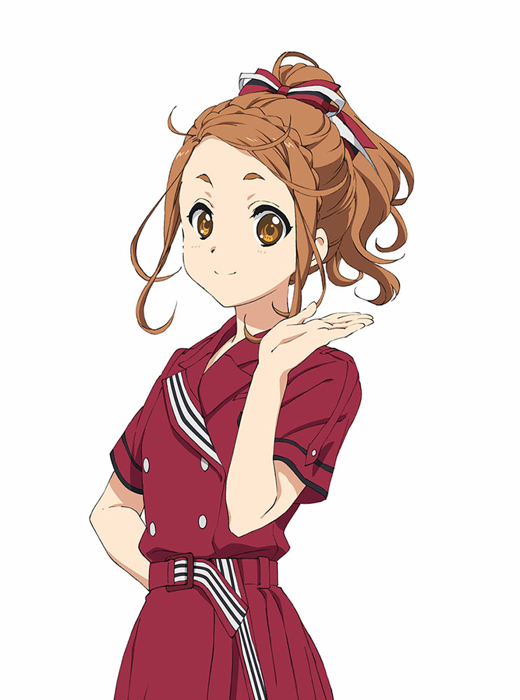 1girl 22/7 arm_behind_back belt belt_buckle braid brown_eyes brown_hair buckle buttons closed_mouth cowboy_shot double-breasted dress hair_ribbon hand_up high_ponytail kono_miyako looking_at_viewer nani_mo_shiteagerarenai official_art pleated_dress ponytail red_belt red_dress ribbon short_sleeves simple_background smile solo standing white_background white_ribbon
