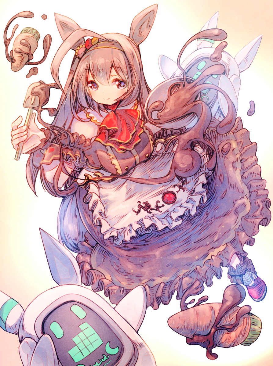 1girl ahoge animal_ears apron arm_garter armband ascot bare_shoulders blue_eyes blush bowl brown_dress brown_hair brown_hairband buttons carrot chocolate closed_mouth commentary_request detached_collar double-breasted double-parted_bangs dress frilled_apron frilled_armband frilled_dress frills full_body hair_between_eyes hairband highres holding holding_bowl horse_ears huge_ahoge impossible_clothes impossible_dress long_dress long_hair looking_at_viewer mihono_bourbon_(code:glassage)_(umamusume) mihono_bourbon_(umamusume) official_alternate_costume orange_background red_ascot red_shoes shoes sleeveless sleeveless_dress smile solo spatula umamusume underbust usapenpen2019 valentine waist_apron wrist_cuffs