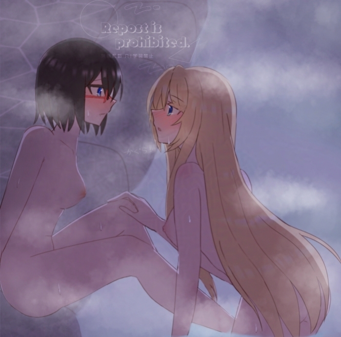 2girls black_hair blonde_hair blue_eyes blush breasts closed_mouth commentary_request completely_nude hand_on_another&#039;s_knee kamikoshi_sorawo kgr_1622 long_hair looking_at_another medium_breasts multiple_girls nipples nishina_toriko nude onsen parted_lips red-framed_eyewear same-sex_bathing shared_bathing short_hair steam urasekai_picnic water wet yuri