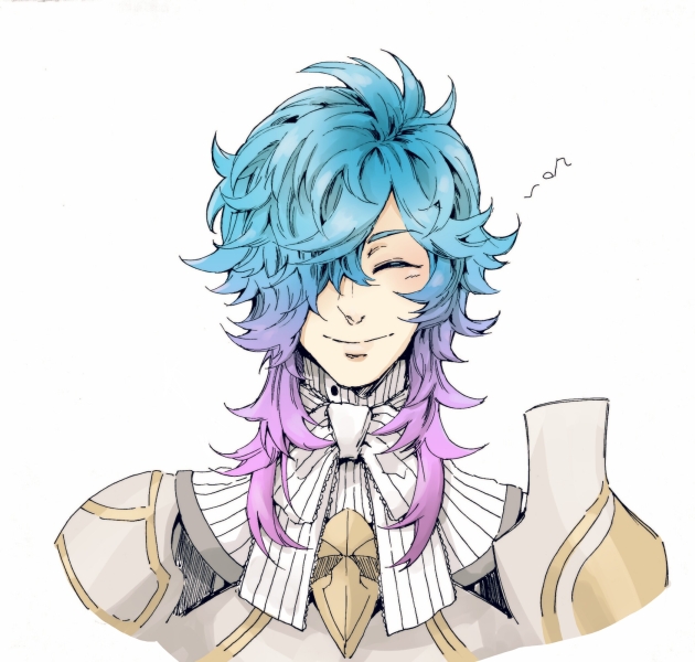 1boy armor blue_hair closed_eyes facing_viewer fire_emblem fire_emblem_fates genderswap genderswap_(mtf) gradient_hair hair_over_one_eye hotate_rayan multicolored_hair nintendo peri_(fire_emblem) pink_hair two-tone_hair