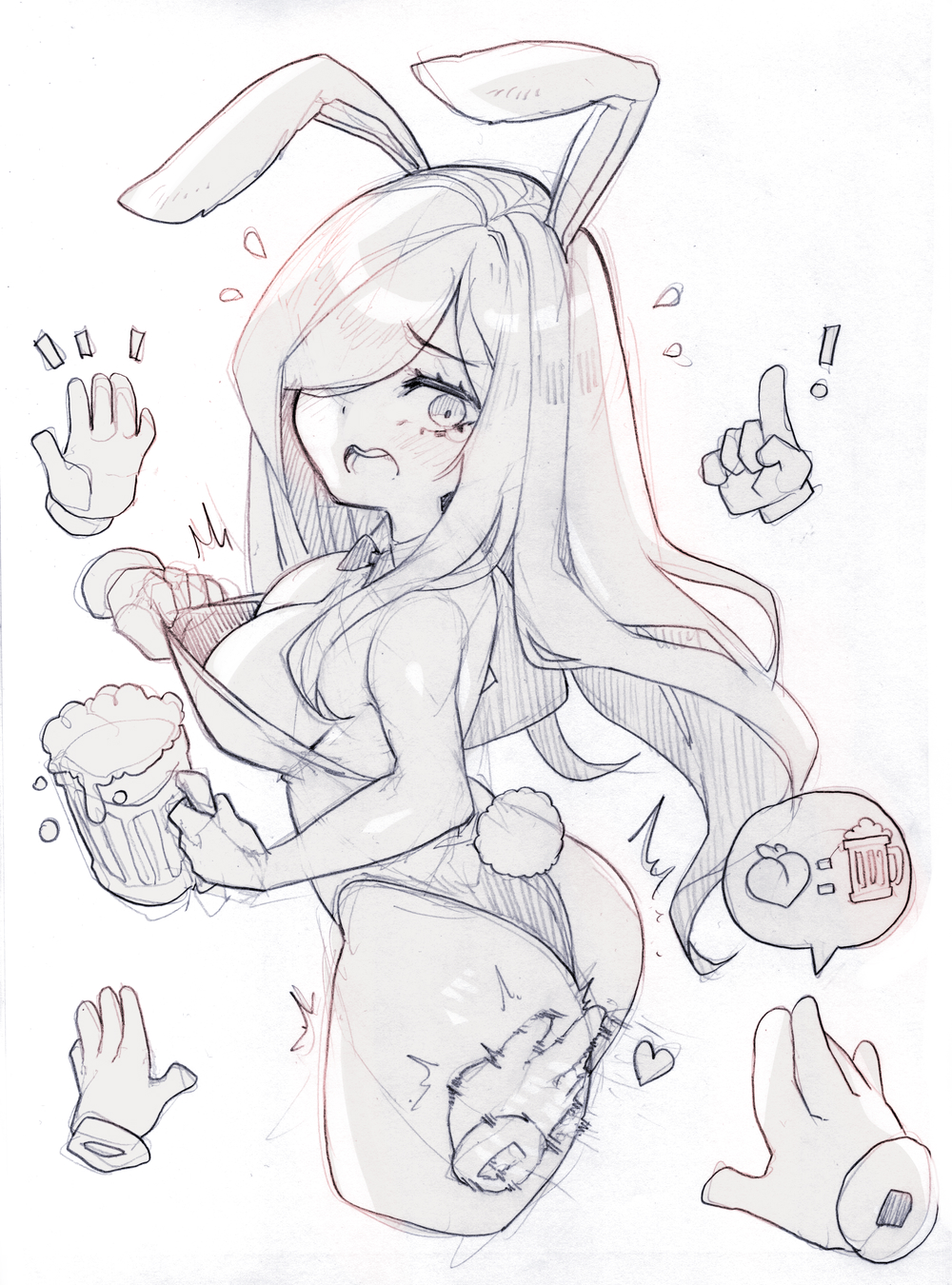 ! 1girl 5others animal_ears aria_wintermint ass bare_arms bare_shoulders beer_mug blush bow bowtie breasts cleavage cleavage_reach commentary cropped_legs cup detached_collar disembodied_hand embarrassed english_commentary flying_sweatdrops food fruit heart highres large_breasts leotard long_hair monochrome motion_lines mug multiple_others open_mouth parororo peach playboy_bunny rabbit_ears rabbit_tail simple_background slapping sleeveless solo_focus spanked spanking speech_bubble swept_bangs tail tearing_up teeth the_crawling_city upper_teeth_only white_background