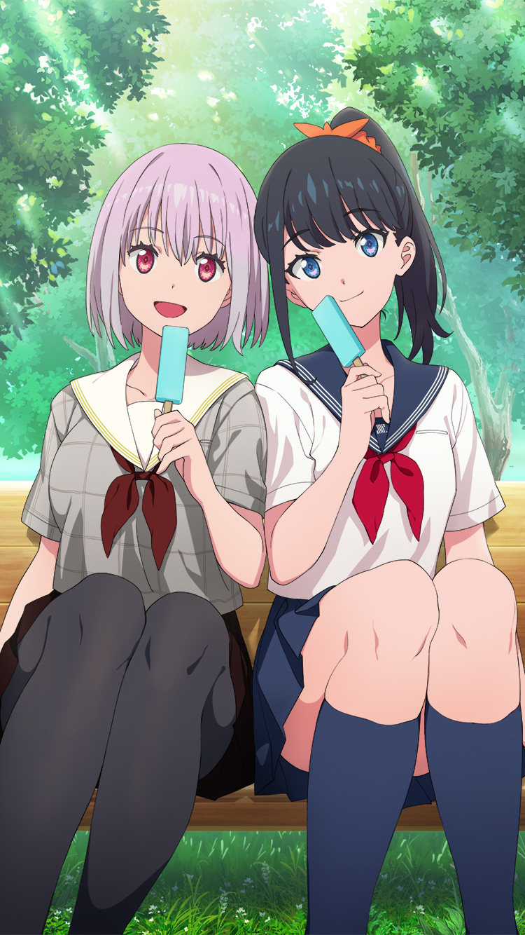 2girls :d archived_source bench black_hair black_pantyhose blue_eyes blue_sailor_collar blue_skirt blue_socks brown_skirt closed_mouth feet_out_of_frame food game_cg grey_shirt grid_print gridman_universe highres holding holding_food holding_popsicle kneehighs long_hair looking_at_viewer multiple_girls neckerchief official_art on_bench open_mouth outdoors pantyhose pink_hair pleated_skirt ponytail popsicle red_eyes red_neckerchief sailor_collar school_uniform serafuku shinjou_akane shirt short_hair short_sleeves sitting skirt smile socks ssss.gridman takarada_rikka third-party_source tree white_sailor_collar white_shirt