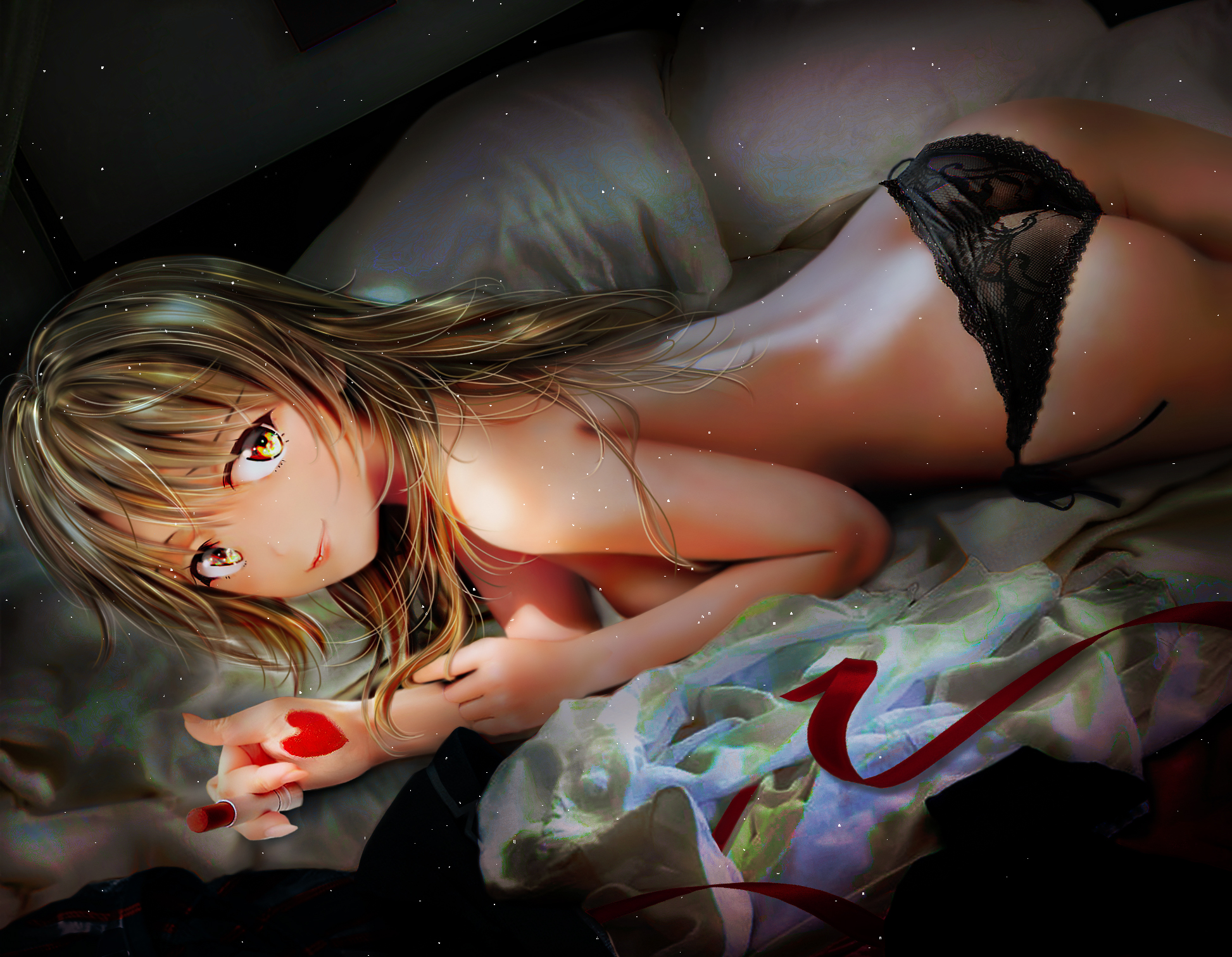 1girl alternate_hairstyle ass back bed bed_sheet black_panties bra breasts brown_eyes brown_hair closed_mouth commentary_request cosmetics grace16 heart highres holding holding_lipstick_tube indoors isshiki_iroha lace lace_panties lips lipstick_tube long_hair looking_at_viewer lying medium_breasts on_bed on_stomach panties pillow solo topless_female underwear underwear_only yahari_ore_no_seishun_lovecome_wa_machigatteiru.