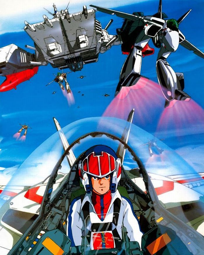 1980s_(style) canopy_(aircraft) choujikuu_yousai_macross cloud concept_art daedalus flying gerwalk heads-up_display helmet ichijou_hikaru looking_at_viewer machinery macross mecha mikimoto_haruhiko official_art oldschool painting_(medium) pilot pilot_suit production_art prometheus_(ship) promotional_art retro_artstyle robot robotech scan sdf-1 spacecraft thrusters traditional_media user_interface variable_fighter vf-1 vf-1a vf-1j