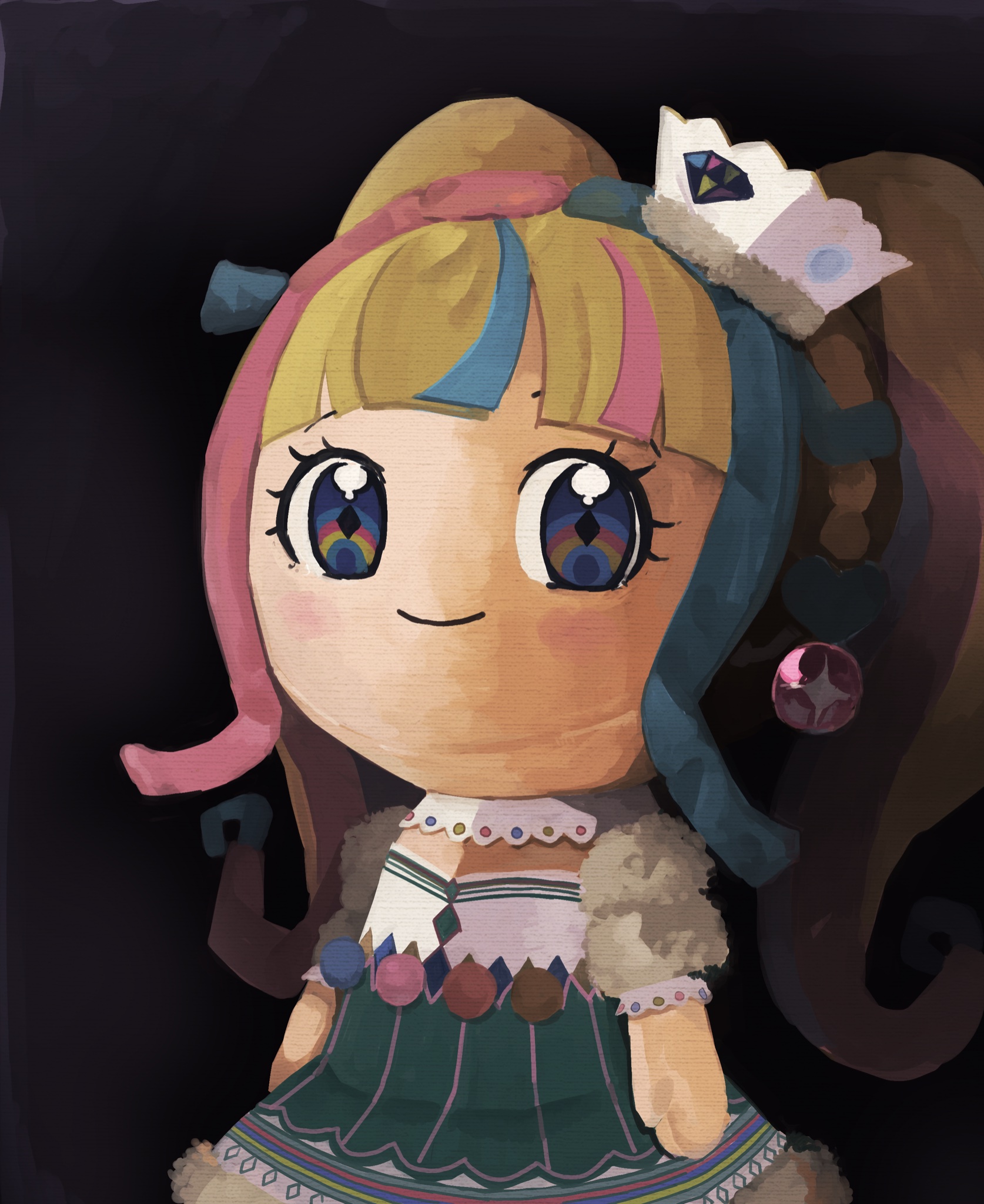 1girl black_background blonde_hair blue_eyes blue_hair blunt_bangs blush character_doll closed_mouth commentary_request crown daia_(pri_chan) diamond_(shape) dress fur_trim highres kemura_(puripurinea) kiratto_pri_chan long_hair looking_at_viewer multicolored_dress multicolored_hair pink_hair pretty_series smile solo standing streaked_hair twintails very_long_hair