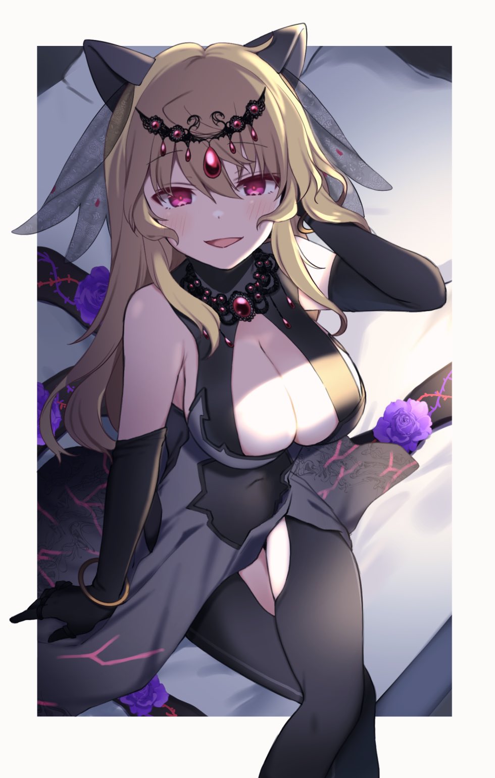 1girl adjusting_hair ahoge animal_ears black_dress black_gloves black_thighhighs blonde_hair breasts cat_ears cleavage colored_eyelashes commission cowlick crossed_legs dress fake_animal_ears flower fujishiro_emyu gem gloves hair_between_eyes highres isabeau_de_baviere_(madoka_magica) jewelry large_breasts light_smile long_hair magia_record:_mahou_shoujo_madoka_magica_gaiden magical_girl mahou_shoujo_madoka_magica mahou_shoujo_tart_magica messy_hair multiple_rings necklace official_alternate_costume parted_lips pink_eyes pink_gemstone purple_flower purple_rose queen ring rose skeb_commission smile solo thighhighs veil wavy_hair