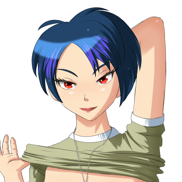 1girl artist_request atari blue_hair breasts convenient_censoring dog_tags flashing godzilla:_domination godzilla_(series) lipstick looking_at_viewer makeup matsu_connie midriff out-of-frame_censoring pipeworks red_eyes simple_background toho upper_body wayforward white_background