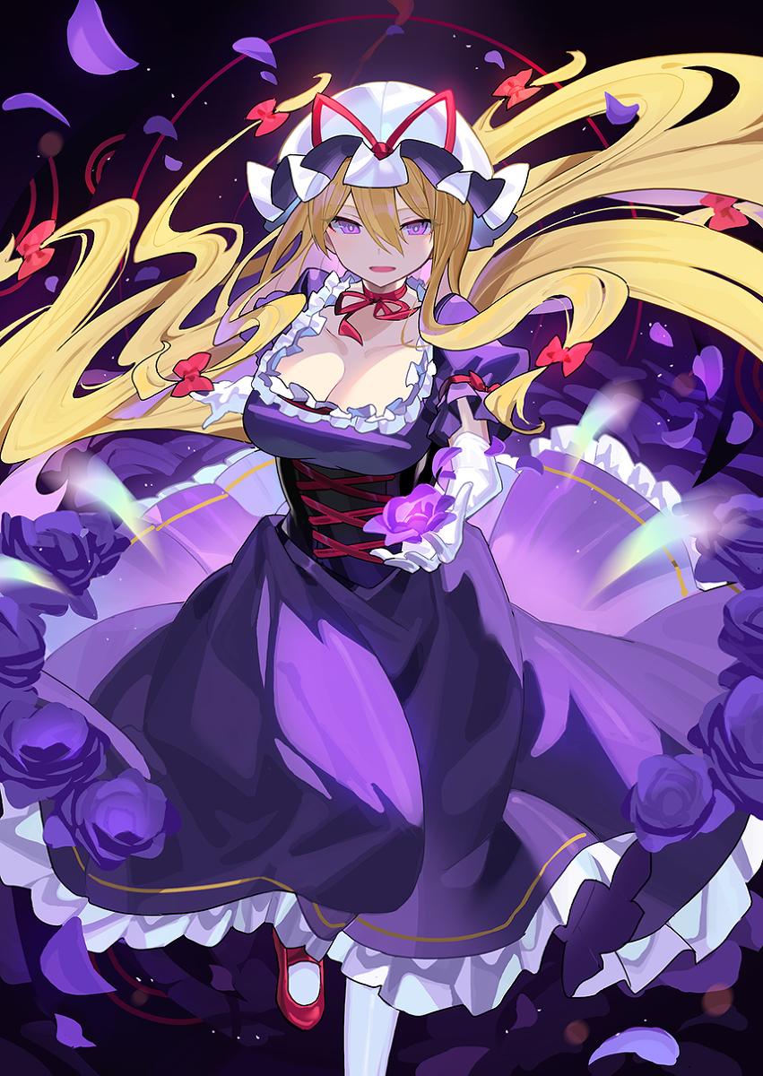 1girl blonde_hair bow breasts cleavage collarbone commentary dress elbow_gloves falken_(yutozin) flower frilled_dress frills gloves hair_between_eyes hair_bow hat hat_ribbon highres large_breasts long_hair looking_at_viewer mob_cap open_mouth petals purple_dress purple_eyes purple_flower red_bow red_ribbon red_shoes ribbon shoes short_sleeves sidelocks solo touhou white_gloves white_hat yakumo_yukari