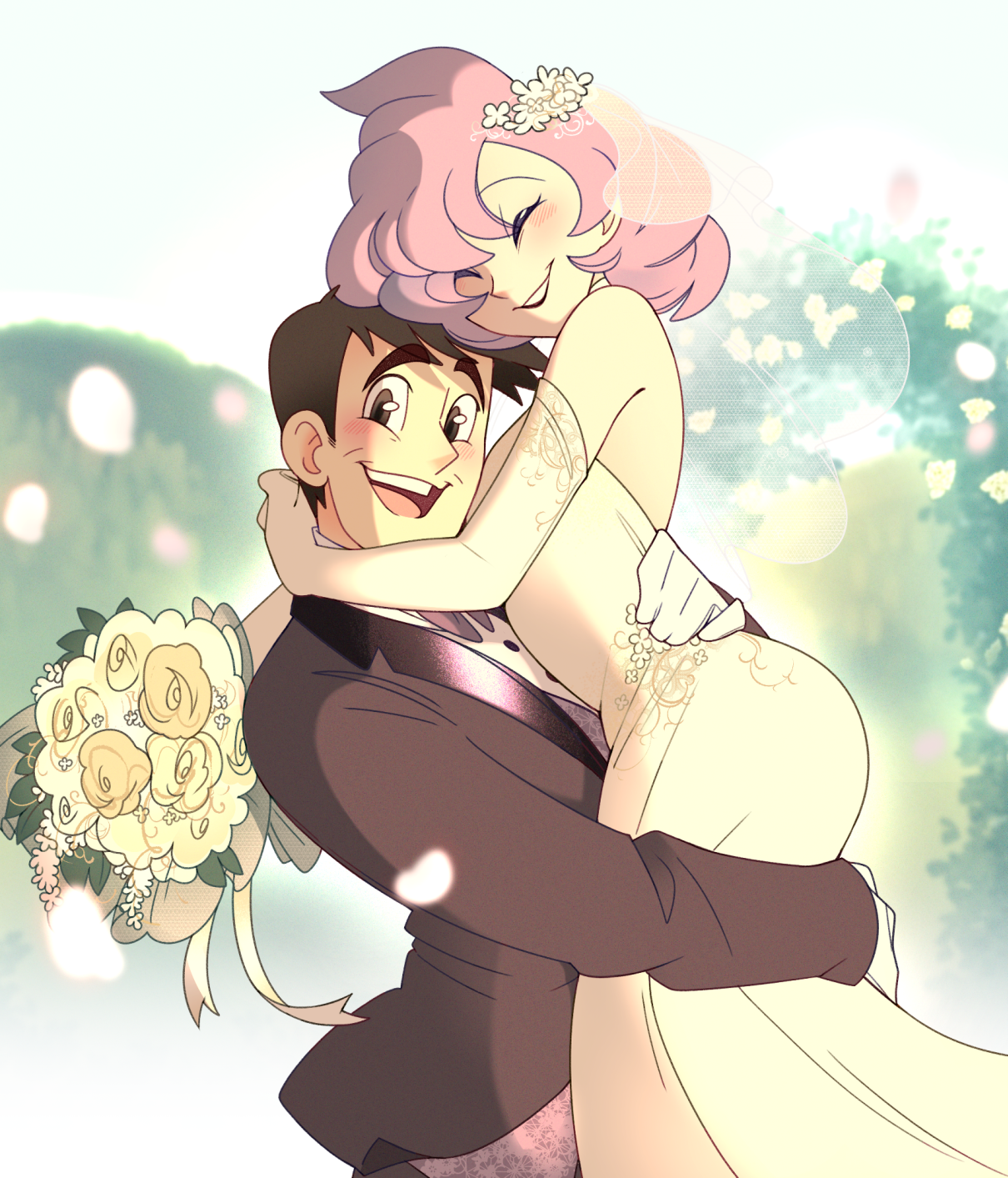 1boy 1girl :d anabel_(pokemon) bare_shoulders blush bouquet brown_eyes brown_hair buttons carrying closed_eyes commentary dress elbow_gloves flower from_side gloves grin hetero highres husband_and_wife jacket looker_(pokemon) looking_at_viewer nintendo open_mouth pink_hair pokemon pokemon_sm shirt short_hair smile teeth tongue upper_teeth_only vergolophus white_gloves white_shirt yellow_flower