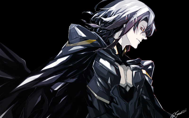 1boy armor black_armor black_background commentary_request fate/grand_order fate_(series) grey_hair hair_between_eyes looking_ahead male_focus odysseus_(fate) pectoral_cleavage pectorals sei_8220 serious short_hair signature simple_background solo upper_body