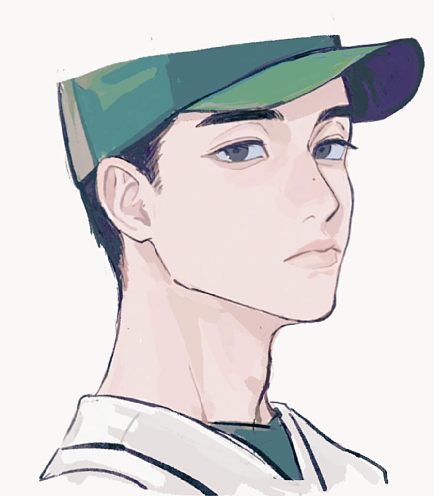 1boy asian baseball_cap baseball_uniform black_eyes black_hair chinese_commentary closed_mouth commentary_request cropped_shoulders expressionless gekokujo_kyuji green_hat hat linbeiyx lips looking_at_viewer male_focus mole mole_on_neck mole_on_nose nakaseko_ryouta nose realistic short_hair sideburns simple_background solo sportswear very_short_hair white_background