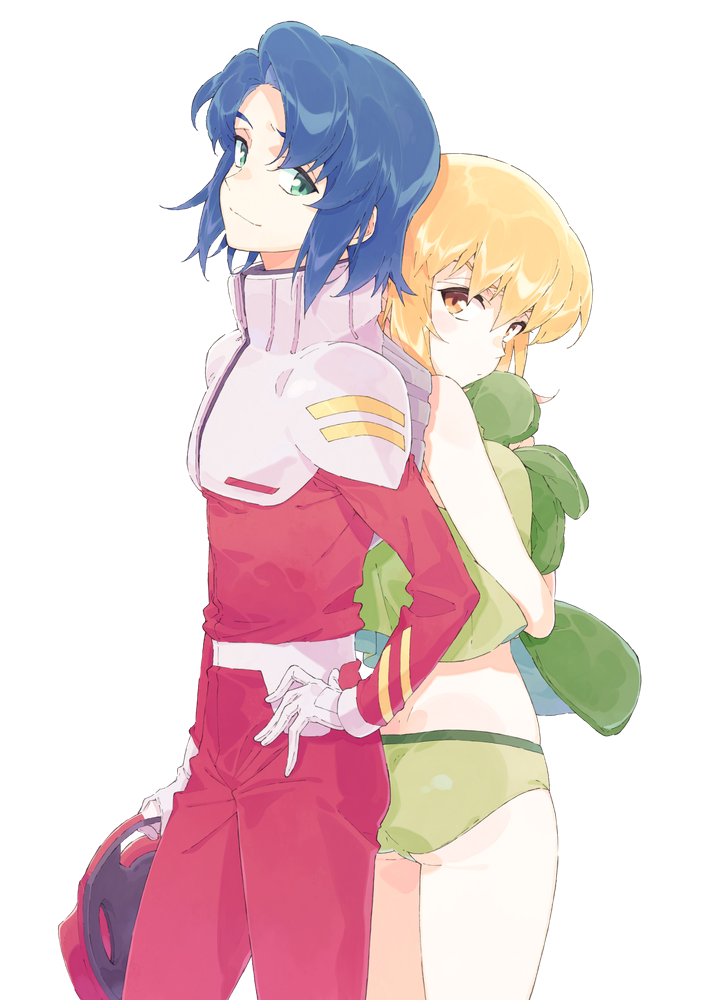 1boy 1girl ass athrun_zala blonde_hair blue_hair cagalli_yula_athha couple formal_clothes green_eyes gundam gundam_seed gundam_seed_freedom helmet military_uniform panties pilot_suit red_uniform short_hair smile suit t-okada underwear yellow_eyes zaft_uniform