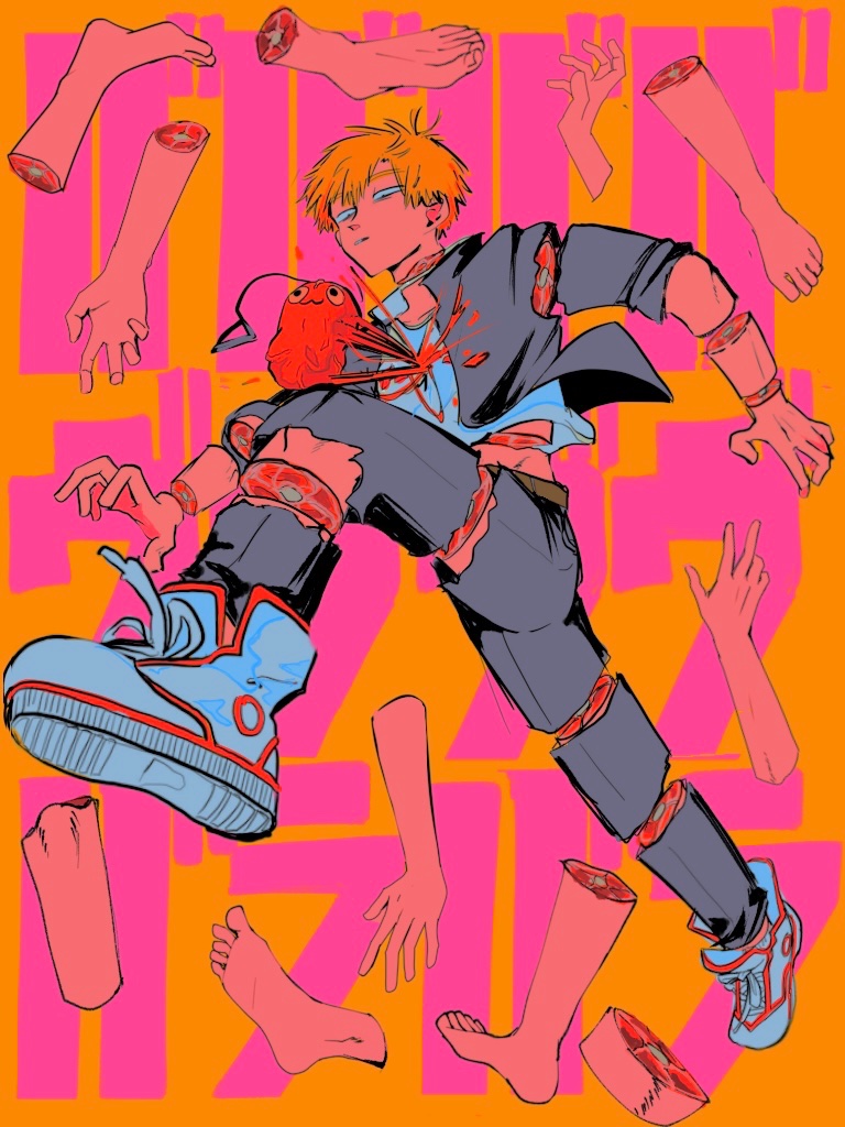 1boy black_jacket blonde_hair blood blue_shirt chainsaw_man denji_(chainsaw_man) disembodied_hand dismemberment expressionless gaganbo_(shuuu85372871) jacket looking_at_another male_focus perspective pochita_(chainsaw_man) shirt shoes short_hair sliced sneakers sound_effects walking