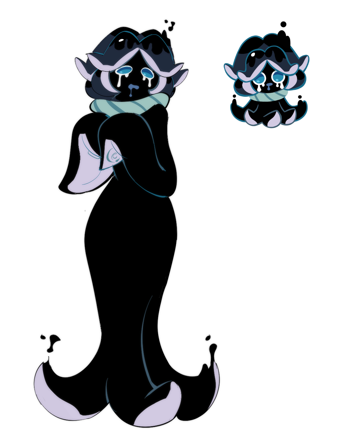 1boy black_hair black_skin black_tentacles blue_eyes blue_mouth bob_cut colored_skin cookie_run creature_and_personification crying crying_with_eyes_open dripping drooling full_body green_stripes hands_up highres humanization ink male_focus mouth_drool open_mouth personification scarf simple_background squid_ink_cookie striped_clothes striped_scarf tears tentacle_arm tentacle_hair tentacle_hands tentacle_legs tentacles white_background