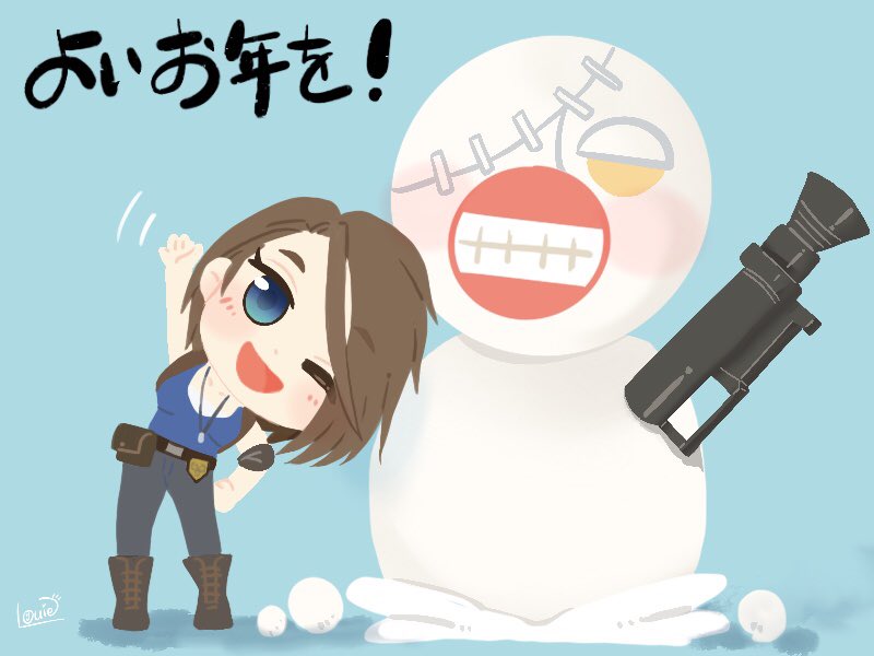 1girl blue_background blue_eyes blue_pants blue_shirt character_snowman deformed jill_valentine lovers_nero nemesis_(resident_evil) pants resident_evil resident_evil_3:_nemesis resident_evil_3_(remake) rocket_launcher shirt signature simple_background snowman waving weapon