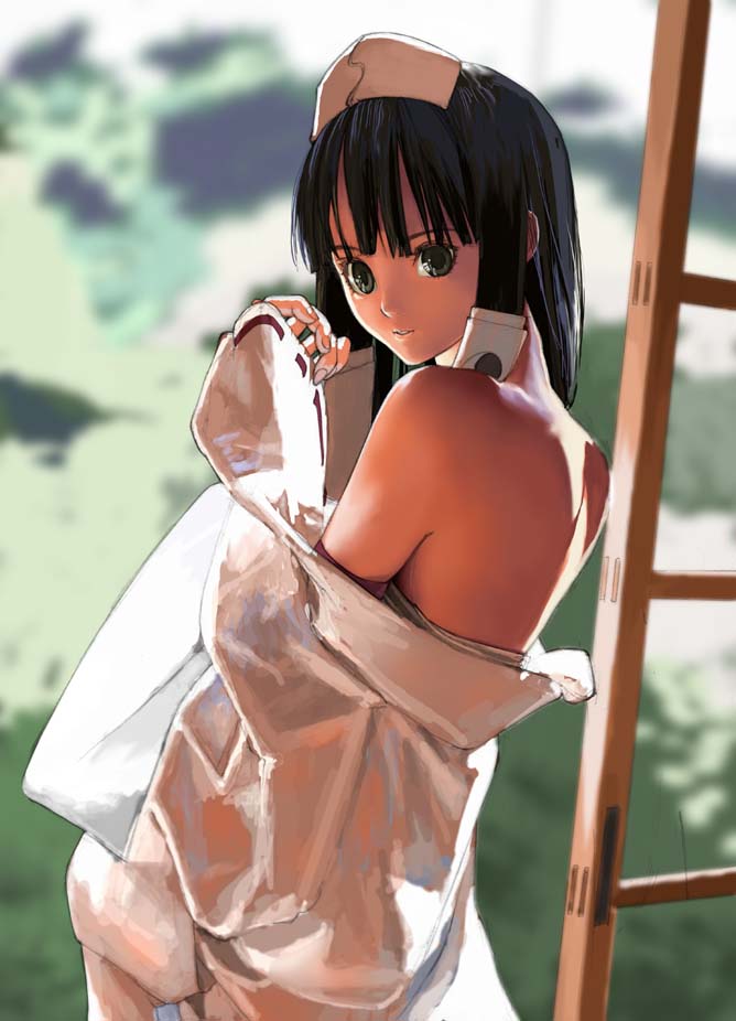 1girl bare_shoulders black_hair blunt_bangs female_focus lips long_sleeves looking_back nakabayashi_reimei nurse off_shoulder ryuna ryuuna_(shining_tears) sega shining_(series) shining_tears sleeves_past_wrists solo