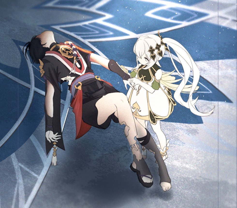 1boy 1girl anklet armlet armor black_bodysuit black_footwear black_hair black_kimono black_rope black_shorts black_sleeves bodysuit cracked_skin detached_sleeves dress empty_eyes floating from_above full_body furisode genshin_impact gold green_eyes green_sleeves grey_leggings hair_over_one_eye han&#039;eri hand_grab japanese_armor japanese_clothes jewelry kimono kote kurokote leggings levitation long_hair looking_at_another lying mitsudomoe_(shape) nahida_(genshin_impact) non0aaaa o-ring on_back open_clothes open_hands open_kimono pointy_ears purple_sash red_kimono rope sandals sash scaramouche_(genshin_impact) shimenawa short_sleeves shorts side_ponytail sidelocks standing stirrup_footwear tassel toes tomoe_(symbol) torn_clothes unconscious white_dress white_footwear white_hair white_kimono white_rope zouri