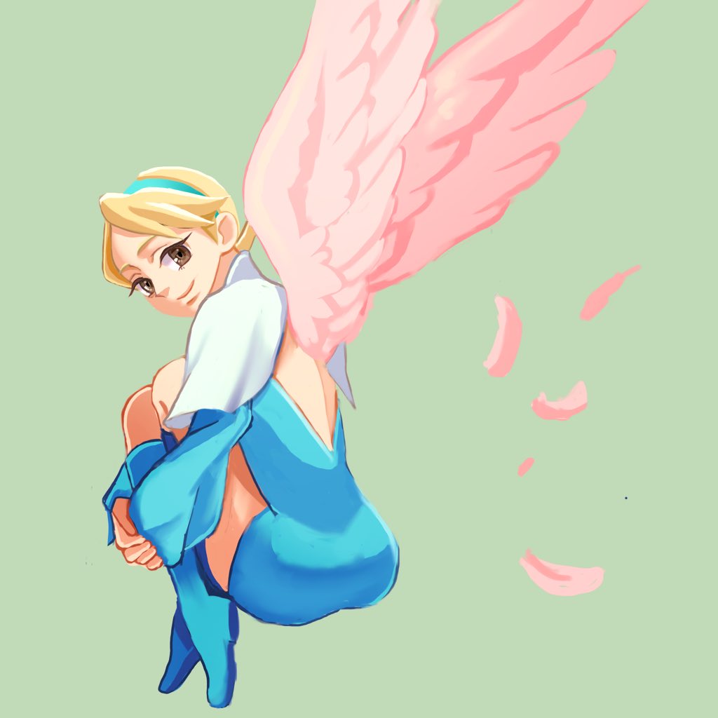 1girl blonde_hair blue_boots blue_dress blue_eyes blue_hairband boots breath_of_fire breath_of_fire_iv brown_pantyhose closed_mouth dress feathered_wings feathers full_body hairband knee_boots long_sleeves looking_at_viewer namedango nina_(breath_of_fire_iv) pantyhose pink_wings short_dress short_hair simple_background smile solo wings