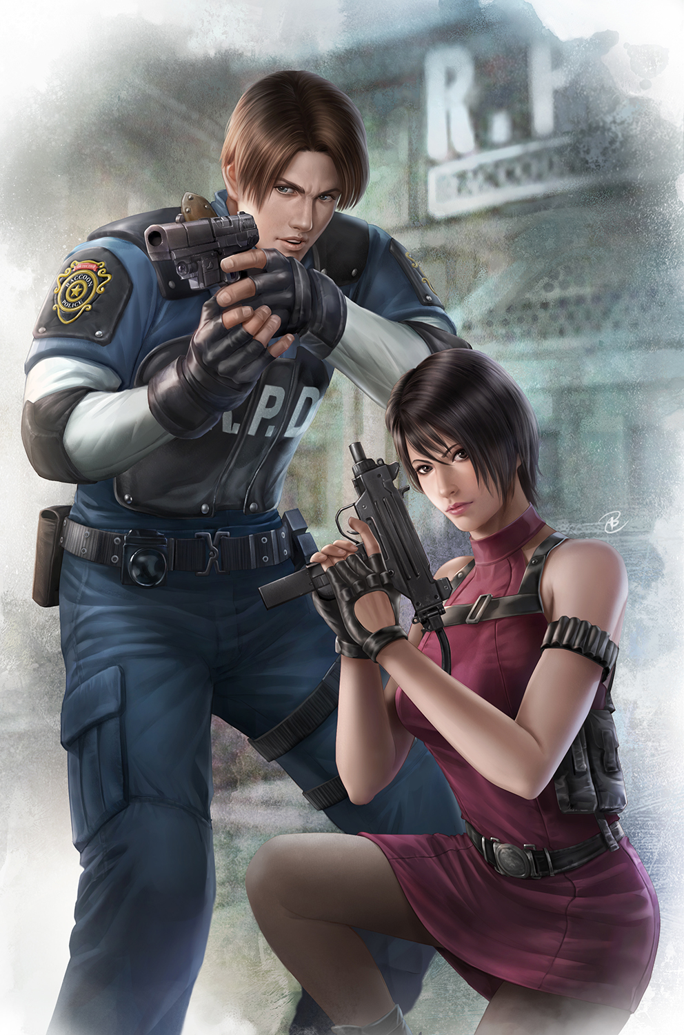 1boy 1girl ada_wong aiming bare_arms bare_shoulders belt black_gloves black_hair black_pantyhose blue_eyes blue_jacket blue_pants breasts brown_hair building cargo_pants commentary dress elbow_pads english_commentary finger_on_trigger fingerless_gloves fingernails fn_five-seven gloves gun handgun hands_up highres holding holding_gun holding_weapon jacket john_law_bc leon_s._kennedy lips looking_at_viewer medium_breasts micro_uzi nose on_one_knee outdoors pants pantyhose parted_hair parted_lips pdw-caliber_pistol police police_uniform pouch realistic red_dress resident_evil resident_evil_2 short_dress short_hair shoulder_pads signature sleeveless_turtleneck_dress submachine_gun thigh_strap trigger_discipline turtleneck turtleneck_dress two-handed two-handed_handgun_grip utility_belt uzi weapon
