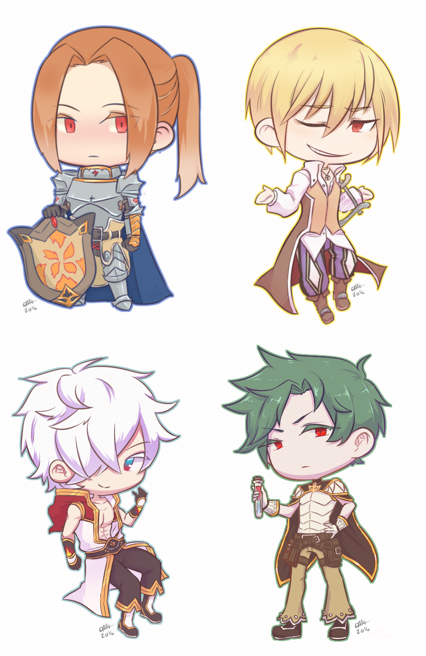 alphoccio_basil armor armored_boots aura baggy_pants belt belt_pouch black_belt black_gloves black_pants black_shoes blonde_hair blue_cape blue_eyes boots breastplate brown_boots brown_cape brown_coat brown_hair brown_pants cape champion_(ragnarok_online) championship_belt chen_lio chibi chibi_only clip_studio_paint_(medium) closed_mouth clown_(ragnarok_online) coat collared_shirt commentary corked_bottle creator_(ragnarok_online) cross cross_of_prontera dated english_commentary expressionless flamel_emure full_body gauntlets gloves gold_trim green_hair grin hair_between_eyes hair_over_one_eye harp high_ponytail highres holding holding_instrument holding_shield hood hooded_coat instrument leg_armor lilblkrose long_hair long_sleeves looking_at_viewer male_focus multicolored_coat one_eye_closed paladin_(ragnarok_online) pants pauldrons ponytail pouch purple_pants ragnarok_online randel_lawrence red_coat red_eyes shaded_face shield shirt shoes short_hair shoulder_armor simple_background sleeveless sleeveless_coat sleeveless_shirt smile standing teeth two-tone_coat two-tone_gloves v-shaped_eyebrows vial white_background white_coat white_gloves white_hair white_shirt