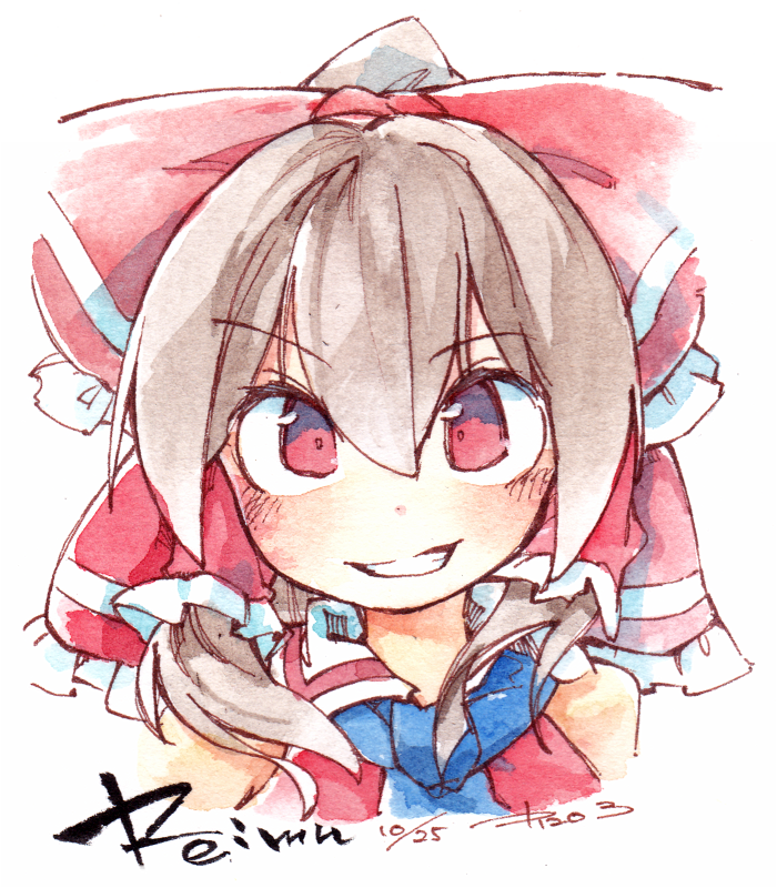 1girl bare_shoulders bow brown_hair character_name cropped_torso dated frilled_bow frilled_hair_tubes frills grin hair_between_eyes hair_bow hair_tubes hakurei_reimu kibayashi_kimori looking_at_viewer medium_hair one-hour_drawing_challenge open_mouth red_bow red_eyes red_shirt shirt simple_background sleeveless sleeveless_shirt smile solo touhou upper_body white_background