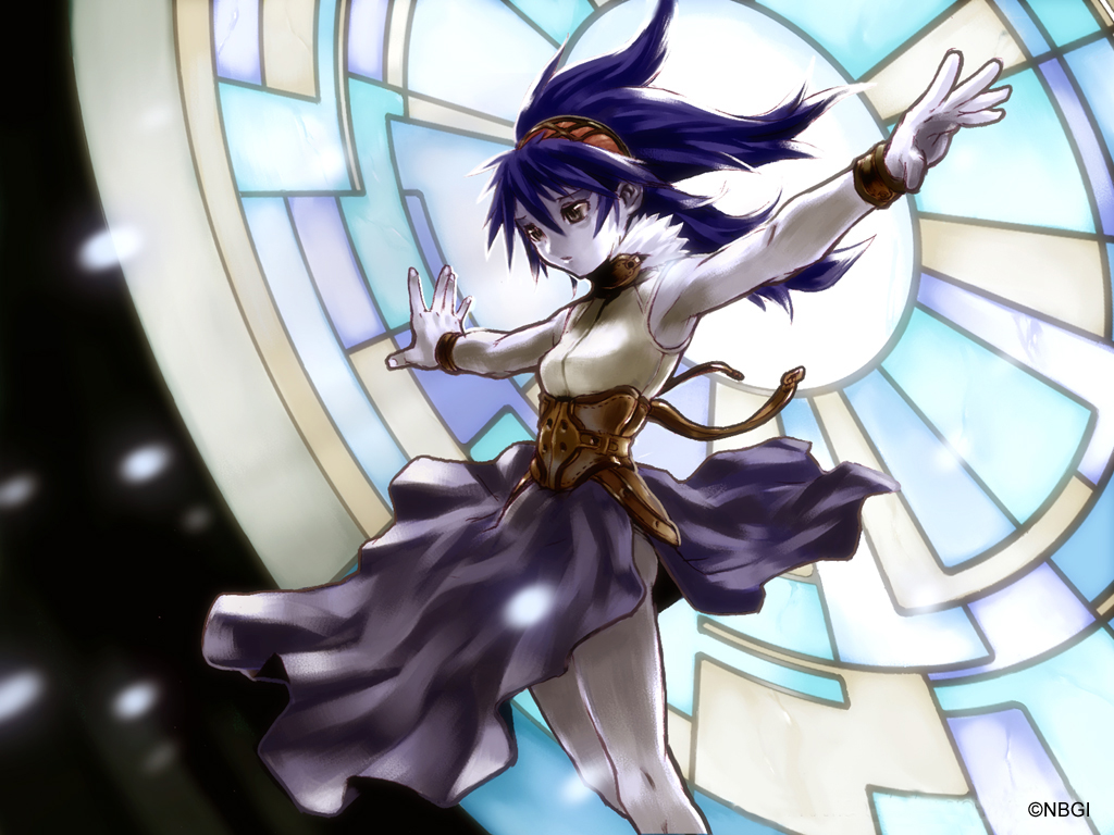 1girl artist_request blue_eyes blue_hair blue_skin celsius_(tales) colored_skin hairband official_art official_wallpaper solo tales_of_(series) tales_of_eternia