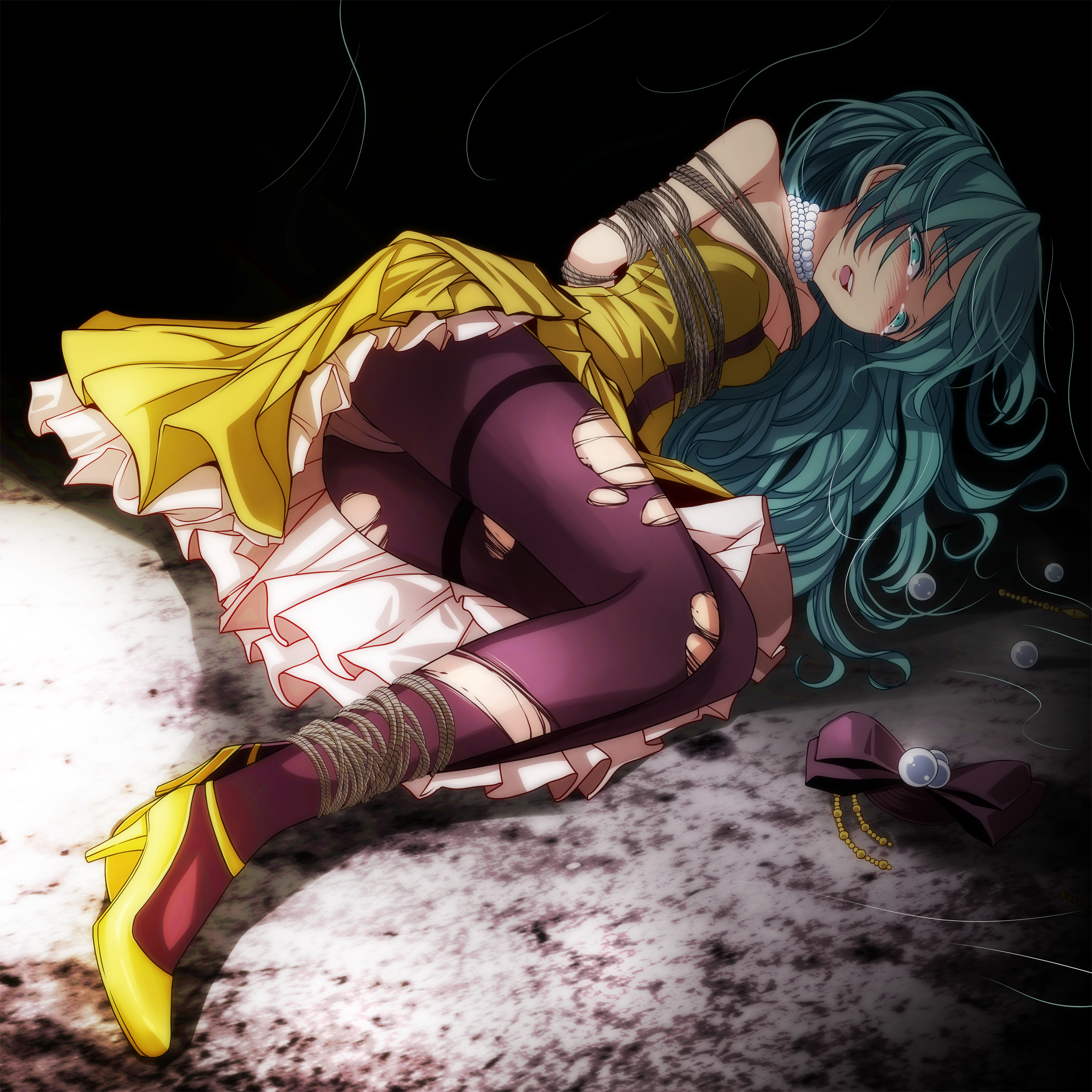 1girl aqua_eyes aqua_hair bad_id bad_pixiv_id bdsm blush bondage bound bound_arms bound_legs breasts cleavage dress female_focus hatsune_miku high_heels highres jewelry kochira_koufuku_anshin_iinkai_desu_(vocaloid) long_hair necklace panties panties_under_pantyhose pantyhose project_diva_(series) pumps restrained hatsune_miku_(siren) solo tears torn_clothes torn_pantyhose tsukishiro_saika twintails underwear very_long_hair vocaloid white_panties