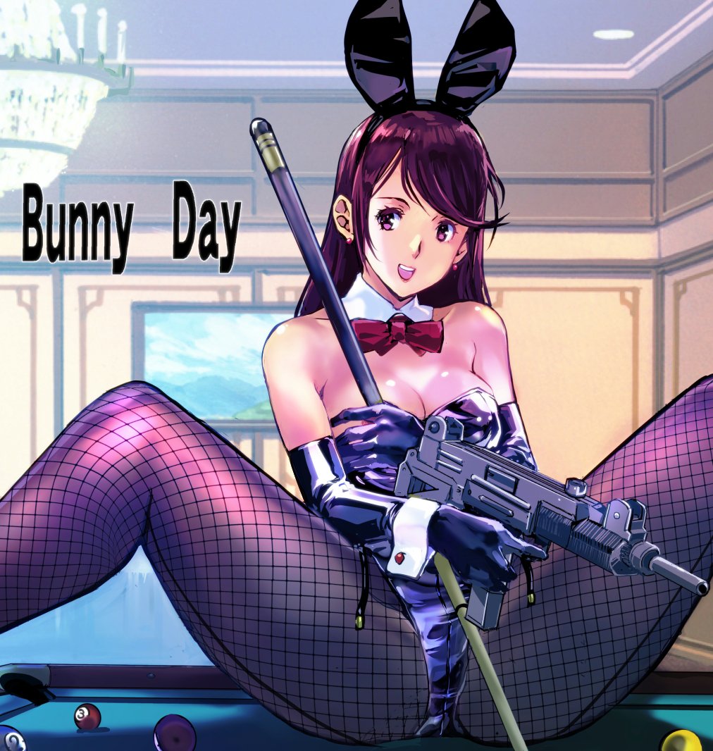 1girl animal_ears ball billiard_ball billiards bow bowtie breasts brown_hair bunny_day cleavage collarbone commentary_request cue_stick detached_collar fake_animal_ears fishnet_pantyhose fishnets gloves gun indoors kamisimo_90 leotard long_hair looking_at_viewer machine_gun mp40 open_mouth original pantyhose playboy_bunny pool_table rabbit_ears red_bow red_bowtie sitting solo spread_legs submachine_gun table thighs weapon wrist_cuffs