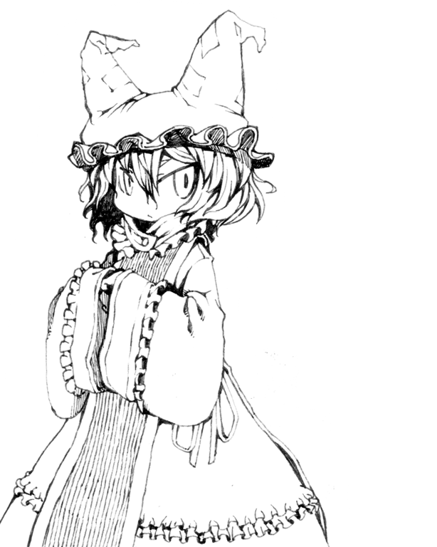 1girl animal_hat asakawa_remon closed_mouth commentary_request cowboy_shot dress expressionless frilled_sleeves frills greyscale hands_in_opposite_sleeves hat looking_at_viewer monochrome no_tail short_hair simple_background solo tabard touhou yakumo_ran