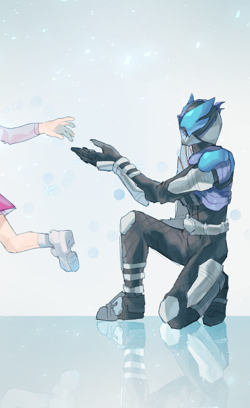 1boy 1girl armor belt black_bodysuit black_gloves blue_background blue_eyes blue_theme bodysuit breastplate chikichi commentary_request from_side full_body gloves gon_(kamen_rider_kabuto) gradient_background grey_shirt hand_up helmet highres ice kamen_rider kamen_rider_drake kamen_rider_kabuto_(series) knee_pads leg_up light_particles long_sleeves looking_at_another miniskirt on_one_knee pink_skirt profile reaching reflection running shirt shoes shoulder_armor simple_background skirt socks solo_focus vambraces white_footwear white_legwear