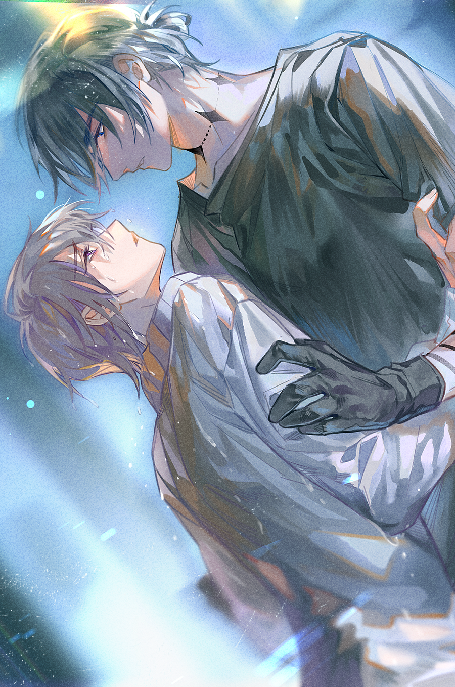 2boys black_gloves black_hair black_shirt eye_contact gloves highres jewelry long_sleeves looking_at_another male_focus multiple_boys neck_tattoo original parted_lips purple_eyes shirt short_hair stitches tattoo upper_body white_shirt yaoi yinzinmiemie