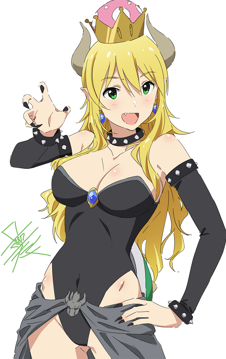 1girl black_choker blonde_hair bowser bowser_(cosplay) breasts choker choppy_bangs cleavage cosplay cowboy_shot crown demon_horns detached_sleeves earrings green_eyes highres horns hoshii_miki idolmaster idolmaster_million_live! jewelry large_breasts leotard long_hair narrow_waist navel open_mouth out_of_frame signature solo strapless strapless_leotard taku1122 white_background