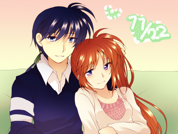 00s 1boy 1girl aged_up chrono_harlaown couple hetero long_hair lyrical_nanoha mahou_shoujo_lyrical_nanoha mahou_shoujo_lyrical_nanoha_strikers purple_eyes smile takamachi_nanoha takana_(nanao) triangle_heart_3