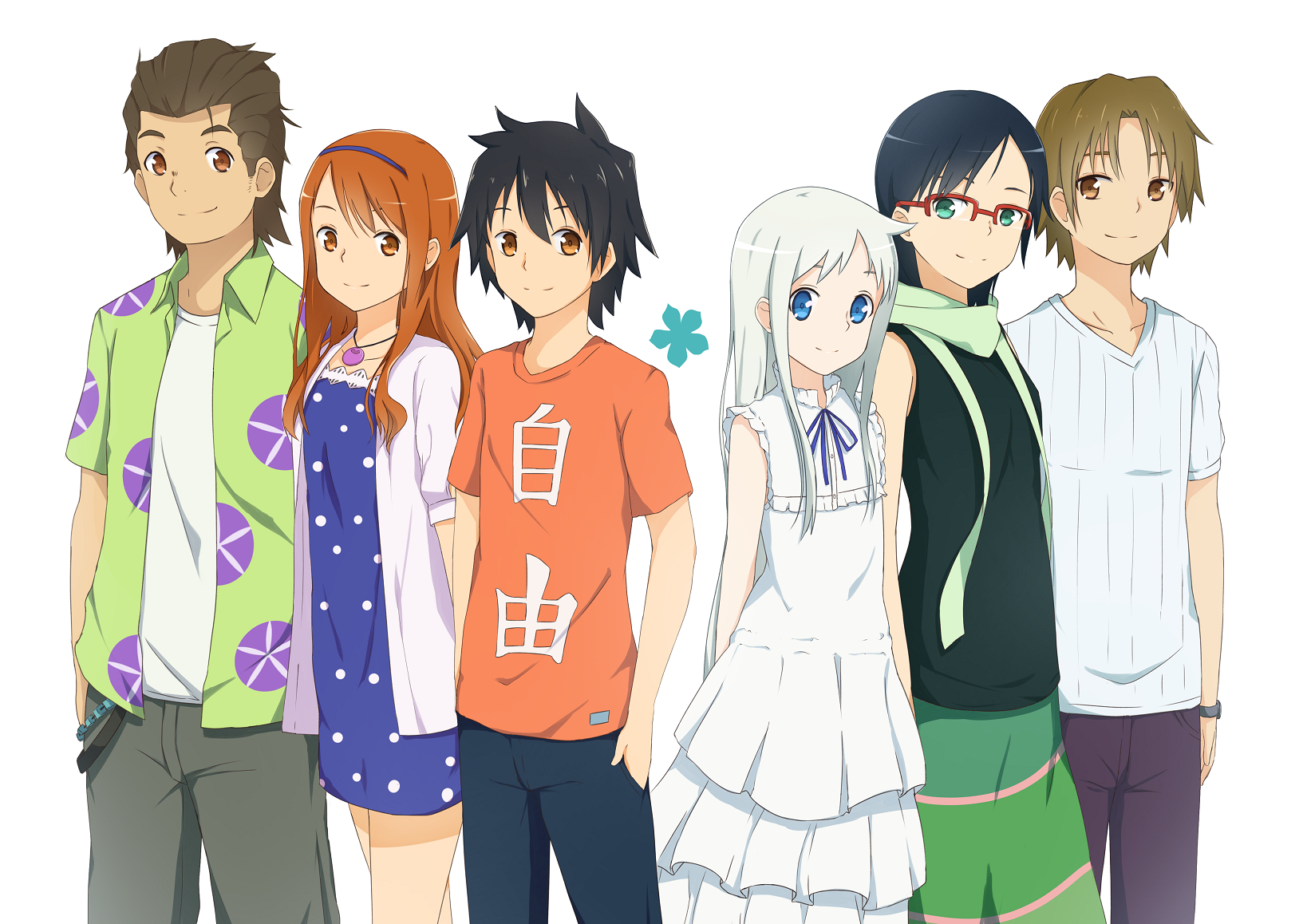 3boys 3girls 53c_(ray_cordova) alternate_hairstyle anjou_naruko ano_hi_mita_hana_no_namae_wo_bokutachi_wa_mada_shiranai. aqua_eyes blue_eyes brown_hair casual dress hands_in_pockets highres hisakawa_tetsudou honma_meiko long_hair looking_at_viewer matsuyuki_atsumu multiple_boys multiple_girls short_hair silver_hair tsurumi_chiriko yadomi_jinta