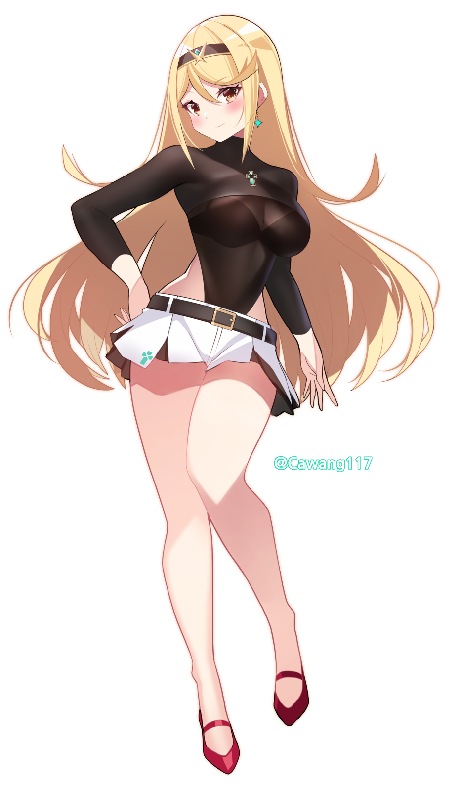 1girl blonde_hair bra breasts cawang cleavage earrings full_body gem gloves headpiece highres jewelry large_breasts long_hair looking_at_viewer mythra_(xenoblade) skirt solo swept_bangs tiara underwear very_long_hair xenoblade_chronicles_(series) xenoblade_chronicles_2 yellow_eyes