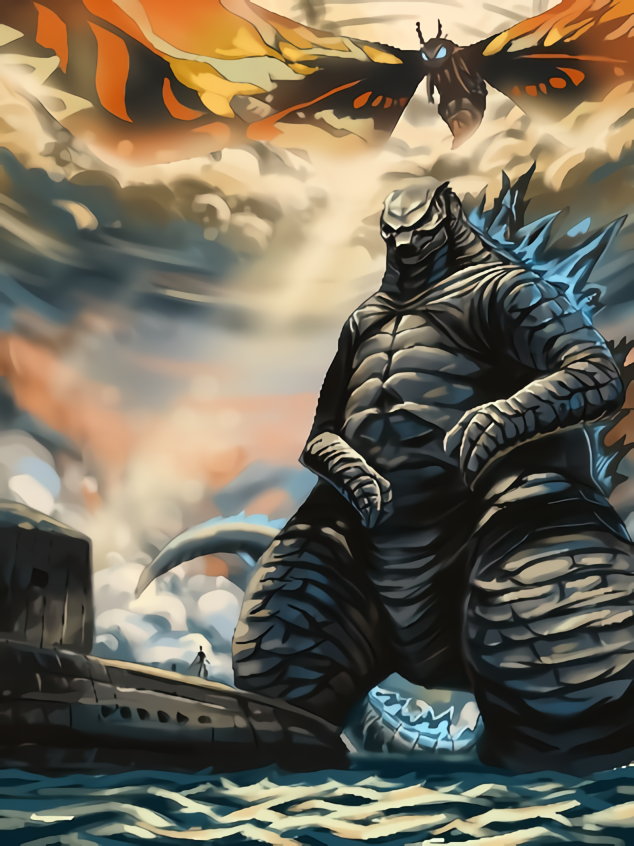 ballistic_missile_submarine bug cloud dinosaur glowing godzilla godzilla:_king_of_the_monsters godzilla_(series) insect kaiju legendary_pictures monsterverse moth mothra mujiao nature nuclear_submarine ocean parted_clouds storm_clouds submarine sunlight toho uss_scorpion watercraft wings