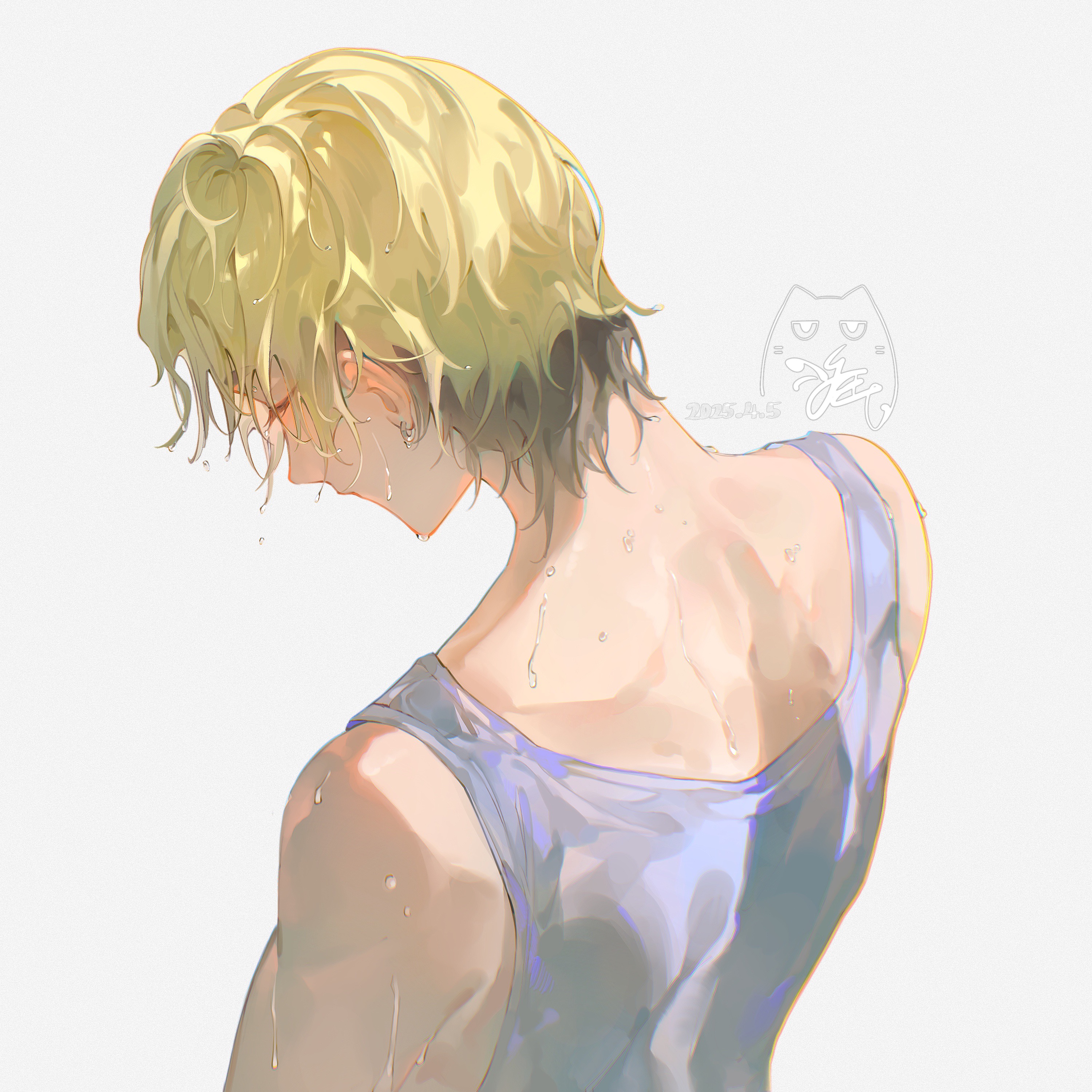 1boy absurdres artist_logo back back_focus bare_shoulders black_hair blonde_hair blush closed_eyes closed_mouth from_behind highres logo male_focus multicolored_hair nape shiguang_dailiren shirt short_hair signature simple_background sleeveless solo sweat tank_top upper_body wet wet_clothes wet_hair white_background xia_fei you_yeyou0904