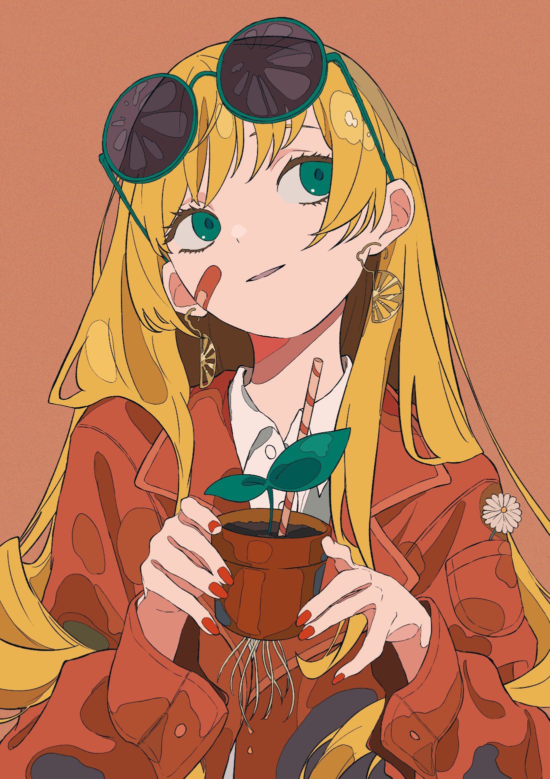 1girl analogous_colors arched_bangs bandaid bandaid_on_cheek bandaid_on_face blonde_hair buttoned_cuffs buttons coat collared_shirt color_contrast colorful daisy dot_nose dress_shirt drinking_straw earrings eyelashes eyewear_on_head facing_viewer fingernails flower flower_pot food food-themed_earrings fruit gold_earrings green-framed_eyewear green_eyes hair_behind_ear hair_over_shoulder hands_up head_tilt highres holding holding_flower_pot jewelry lapels light_smile long_eyelashes long_hair looking_to_the_side notched_lapels orange_(fruit) orange_background orange_slice original parted_lips plant plant_roots red_coat red_nails round_eyewear shirt sidelocks sideways_glance simple_background soil solo sunglasses swept_bangs tareme trench_coat tsukii_(t_s_u_k_i_i) upper_body very_long_hair wavy_hair white_flower white_shirt