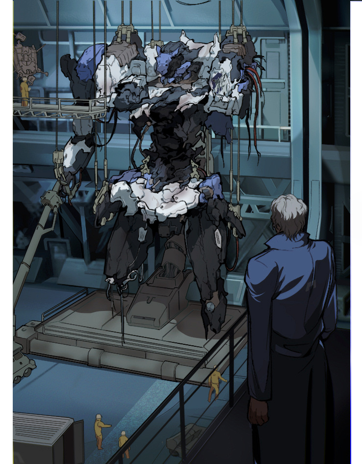 1boy armored_core armored_core_vi:_fires_of_rubicon blue_coat cable coat commentary_request crane_(machine) exposed_internal_machinery from_behind implied_death jumpsuit maintenance_bay missing_limb orange_jumpsuit people railing refus shipping_container short_hair solo_focus spoilers steel_haze_ortus v.iii_o&#039;keeffe white_hair wreckage