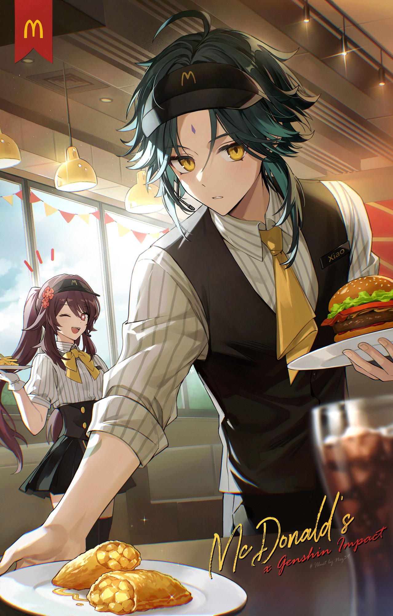 alternate_costume black_hair black_hat black_skirt black_thighhighs black_vest blush breasts brown_hair burger cola facial_mark flower flower-shaped_pupils food forehead_mark french_fries genshin_impact glass green_hair hair_between_eyes hair_flower hair_ornament hat highres hu_tao_(genshin_impact) long_hair long_sleeves looking_at_viewer male_focus mcdonald's multicolored_hair necktie nez39 one_eye_closed open_mouth red_eyes shirt short_hair skirt small_breasts smile striped_clothes striped_shirt symbol-shaped_pupils thighhighs twintails vest visor_cap white_shirt xiao_(genshin_impact) yellow_eyes yellow_necktie