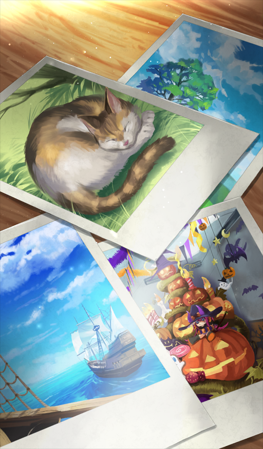 blue_sky boat brown_background candle cat cloud cloudy_sky commentary elizabeth_bathory_(fate) elizabeth_bathory_(halloween_caster)_(fate) fate/grand_order fate_(series) halloween jack-o&#039;-lantern lasengle no_humans ocean official_art photo_(object) polaroid_photo pumpkin sailboat sky sleeping third-party_source tree watercraft